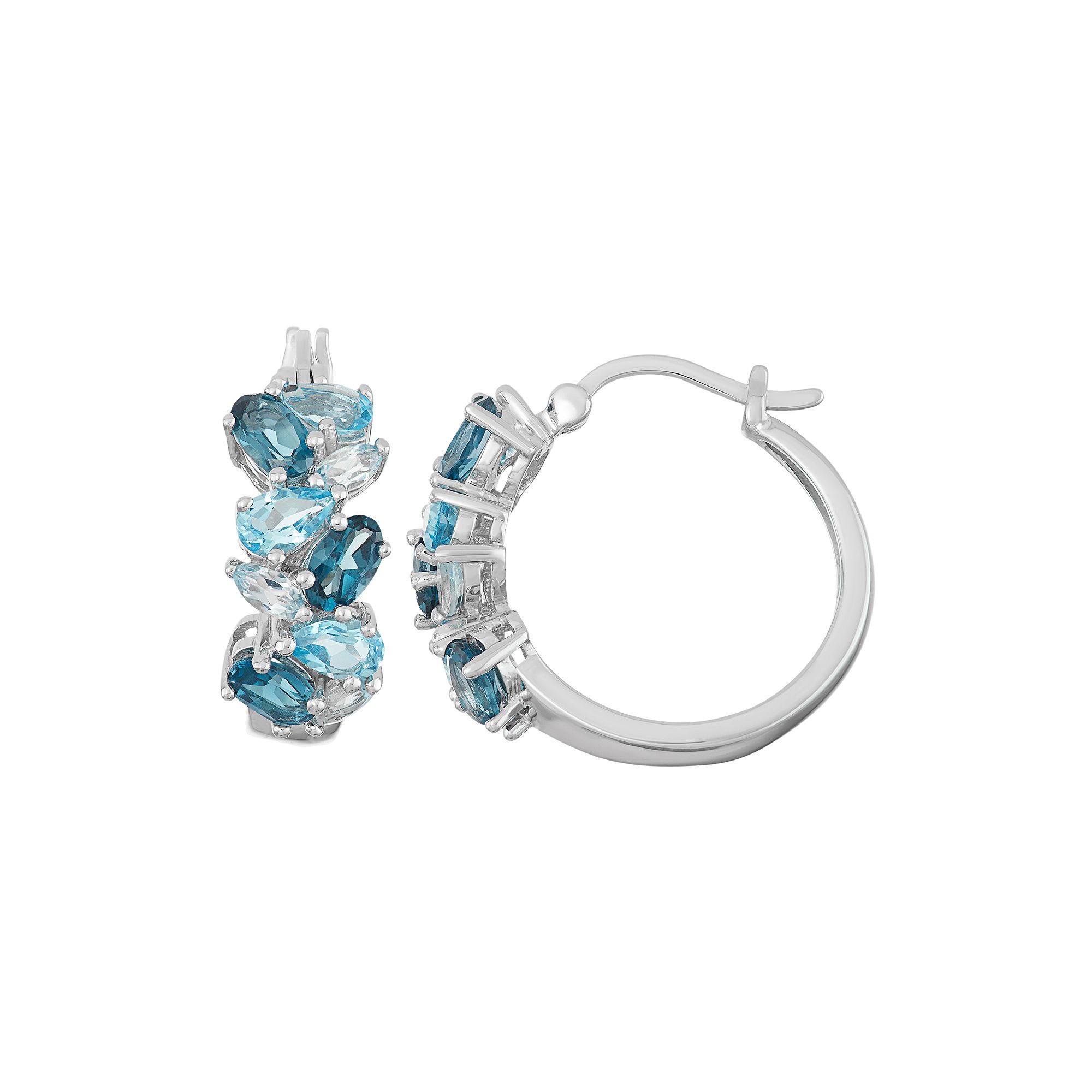 Sterling Silver London, Swiss & Sky Blue Topaz Cluster Hoop Earrings, Women