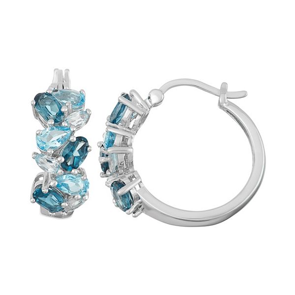 Sterling Silver London, Swiss & Sky Blue Topaz Cluster Hoop Earrings