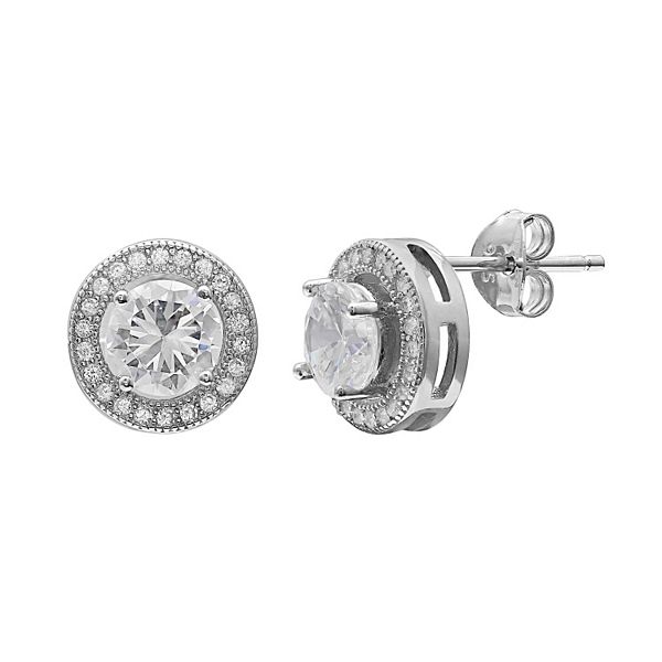 14K White Gold Round Cubic Zirconia Halo Stud Earrings