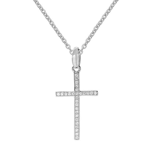 Sterling Silver Necklace w/ CZ Stones Open Checkered Cross Pendant 