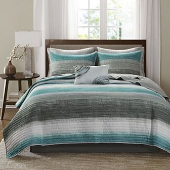Madison Park Essentials Barret Quilt Set with Cotton Sheets and Throw Pillow