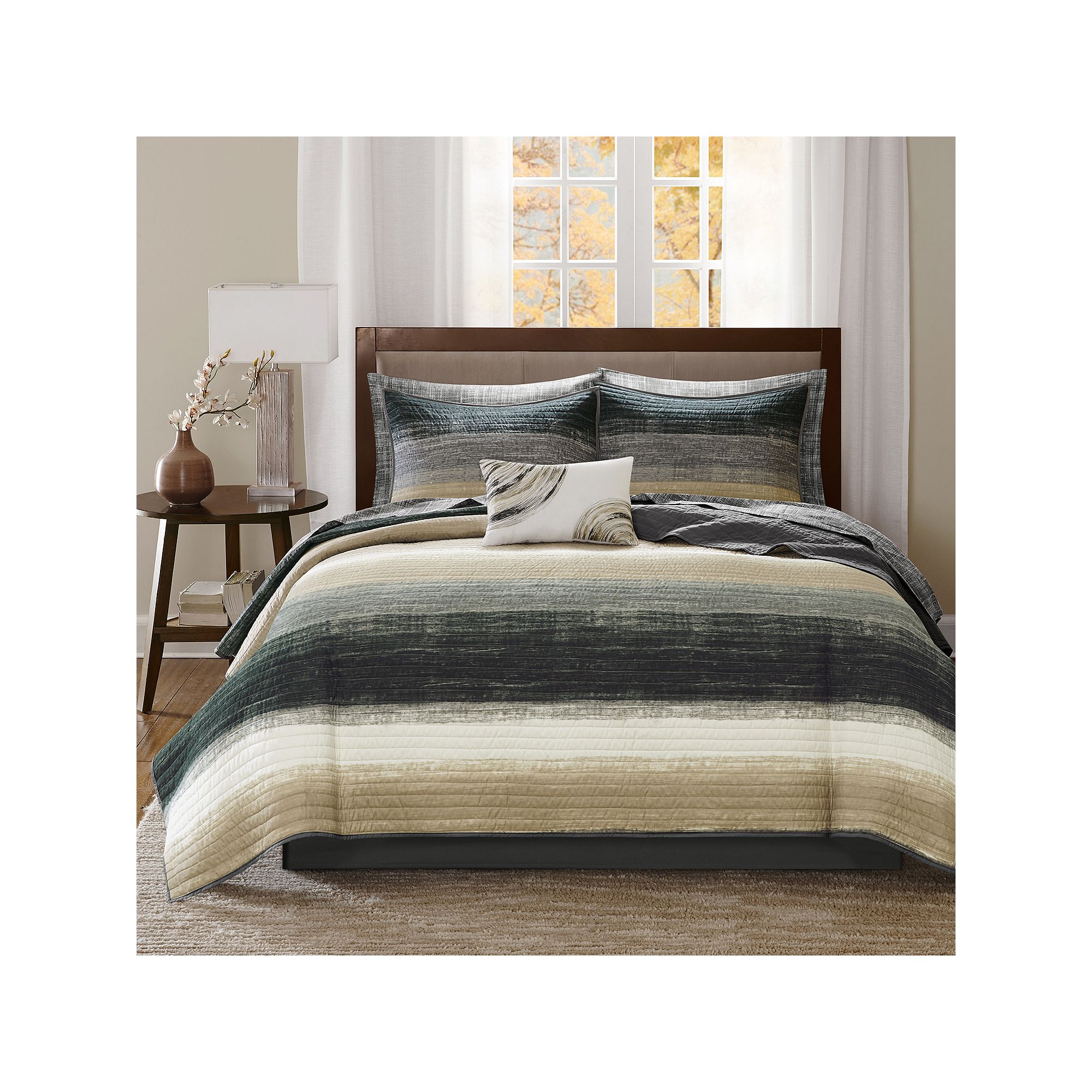 Madison Park Essentials Barret Quilt Set with Cotton Sheets and Throw Pillo