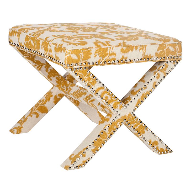 Safavieh Palmer Nailhead Trim Ottoman, Maize Beige Print