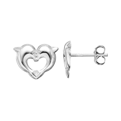 Charming Girl Kids' Sterling Silver Dolphin Heart Stud Earrings