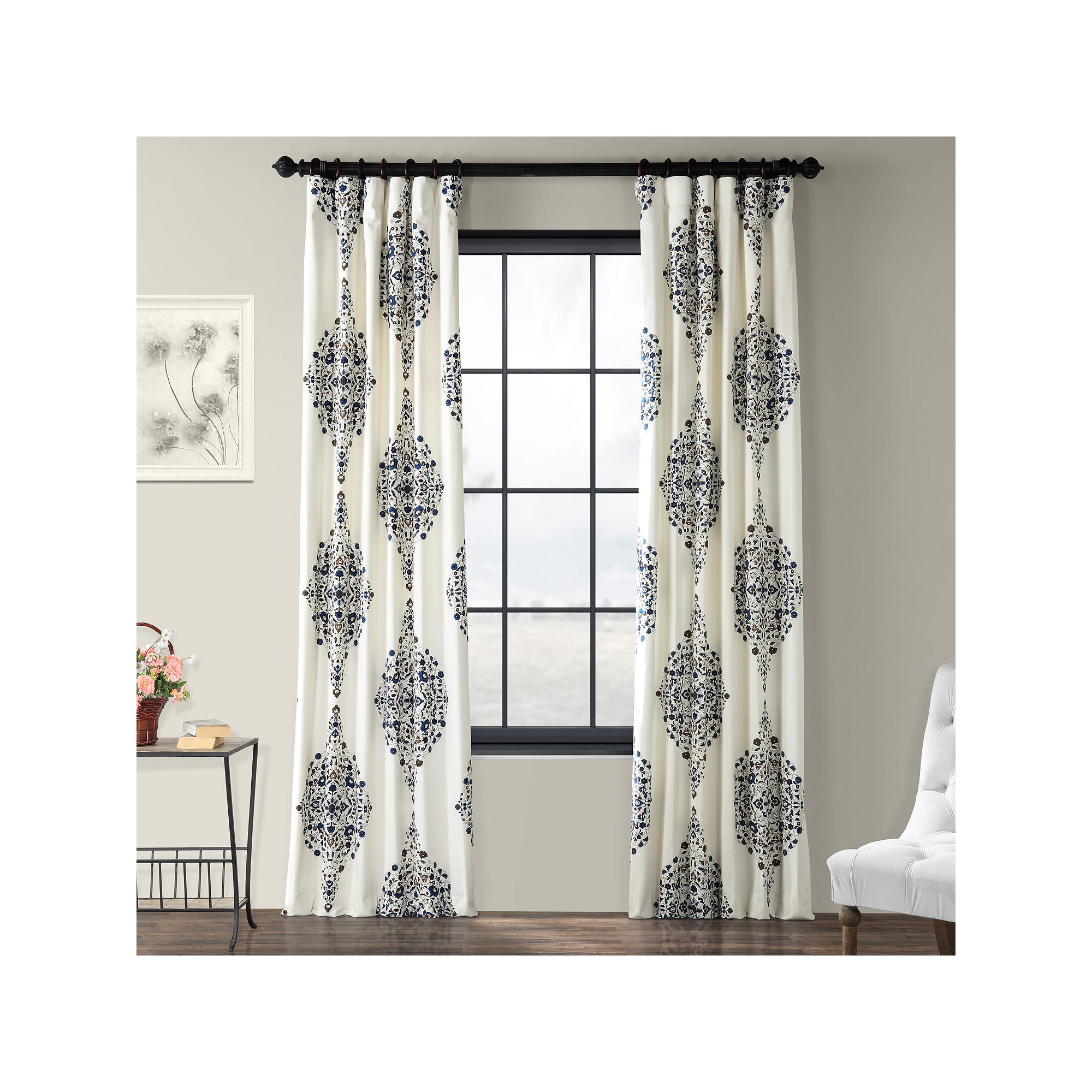 EFF Floral Printed Cotton Twill Room Darkening Curtain Panel, Blue