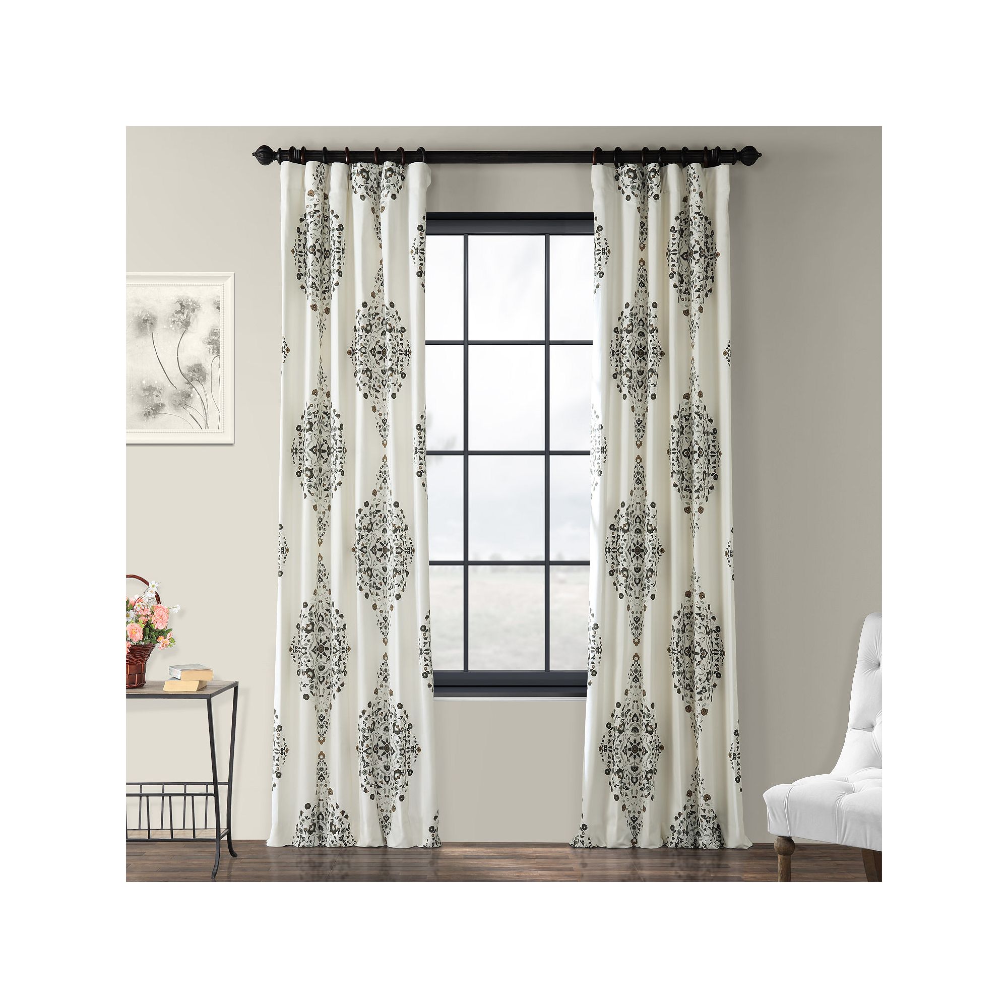 EFF Floral Printed Cotton Twill Room Darkening Curtain Panel, Brown