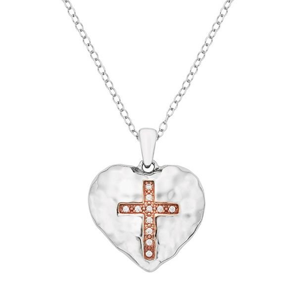 Sterling Silver Diamond Accent Cross Heart Pendant Necklace