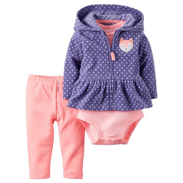 Baby Girl Carter's Polka-Dot Fleece Cardigan, Bodysuit & Leggings Set