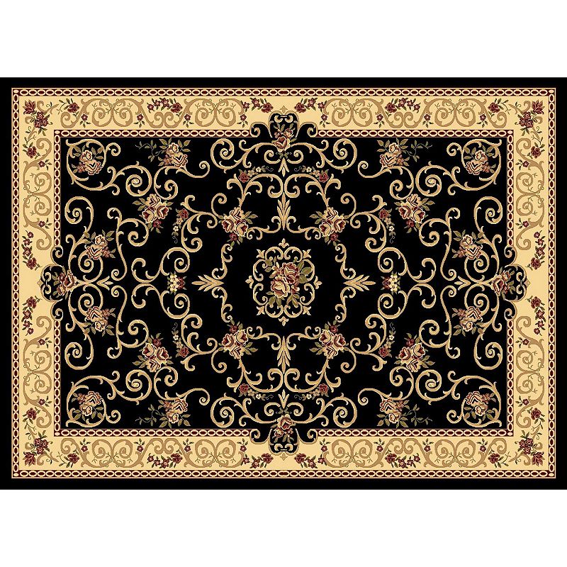 Rugs America New Vision Souvanerie Framed Floral Rug, Black, 5Ft Rnd