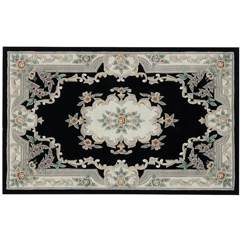 Rugs America New Aubusson Framed Floral Wool Rug, Black, 5X8 Ft