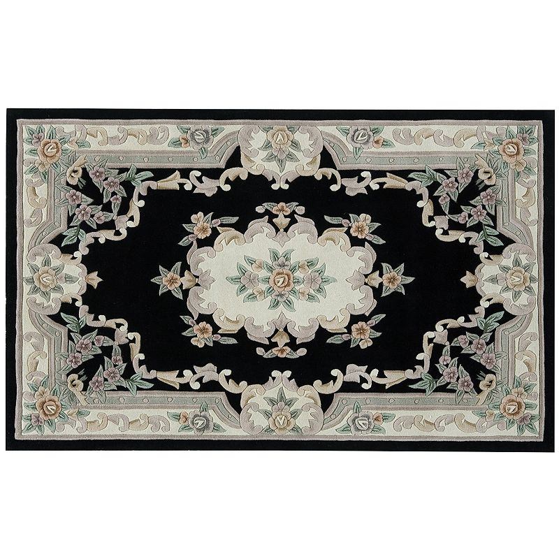 Rugs America New Aubusson Framed Floral Wool Rug, Black, 4X6 Ft