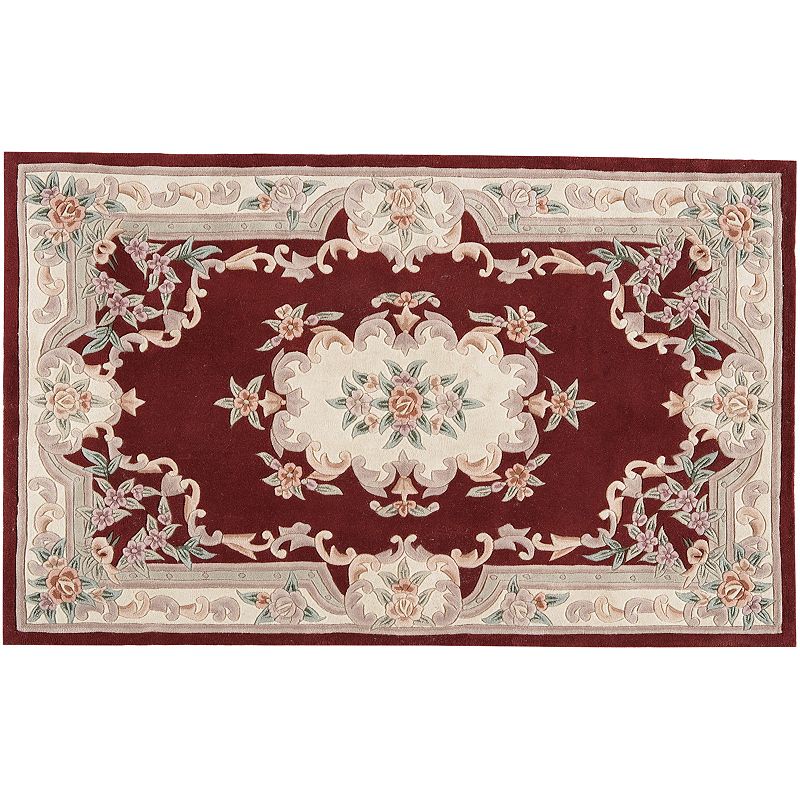 Rugs America New Aubusson Framed Floral Wool Rug, Red, 5X8 Ft