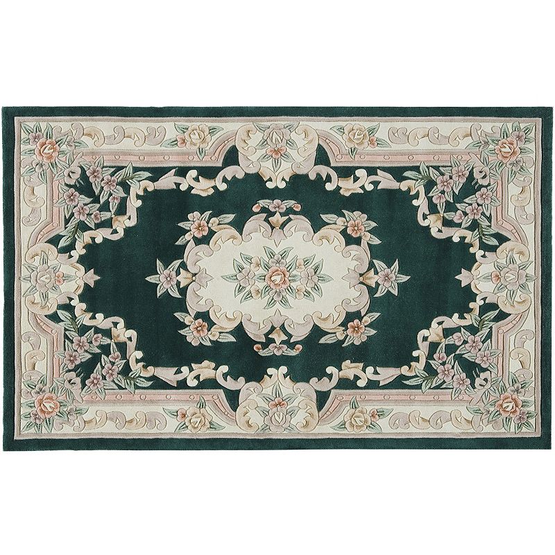 Rugs America New Aubusson Framed Floral Wool Rug, Green, 5X8 Ft