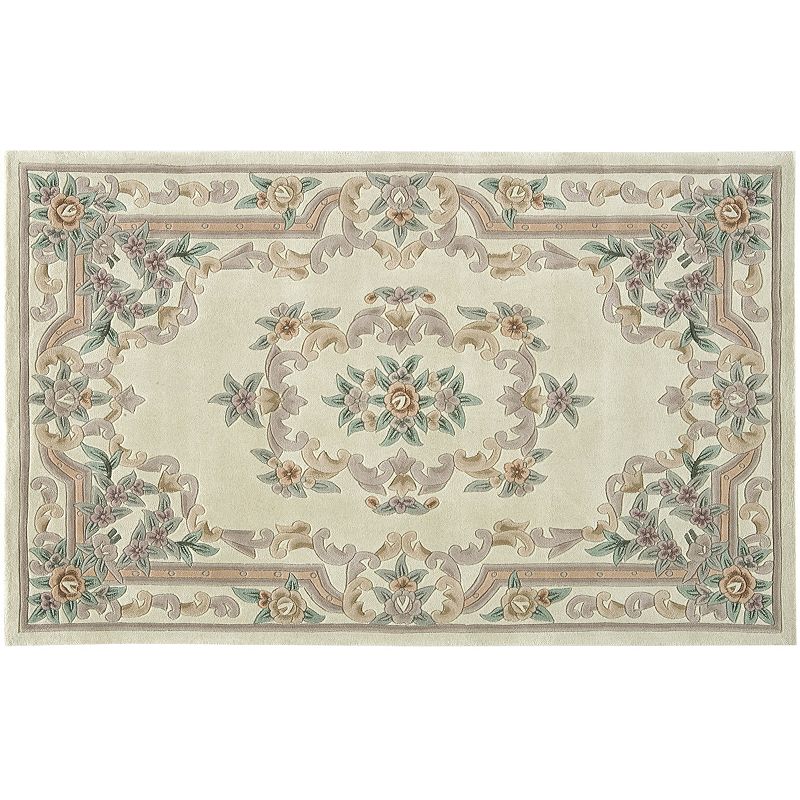 Rugs America New Aubusson Framed Floral Wool Rug, White, 8X11 Ft