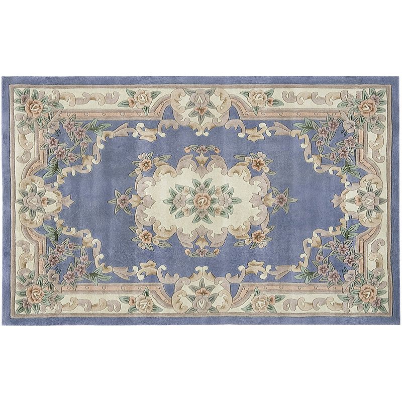 Rugs America New Aubusson Framed Floral Wool Rug, Blue, 5X8 Ft