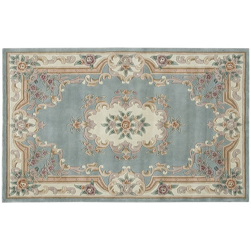 Rugs America New Aubusson Framed Floral Wool Rug, Green, 5X8 Ft