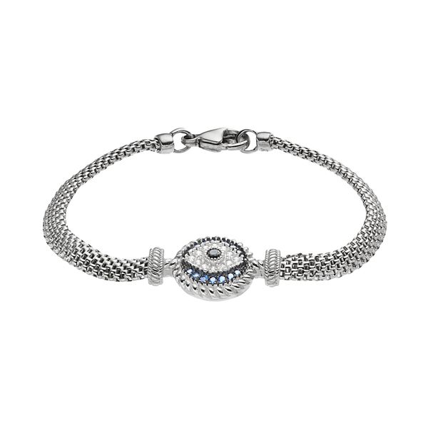 Sterling Silver Blue Glass & Cubic Zirconia Evil Eye Bracelet