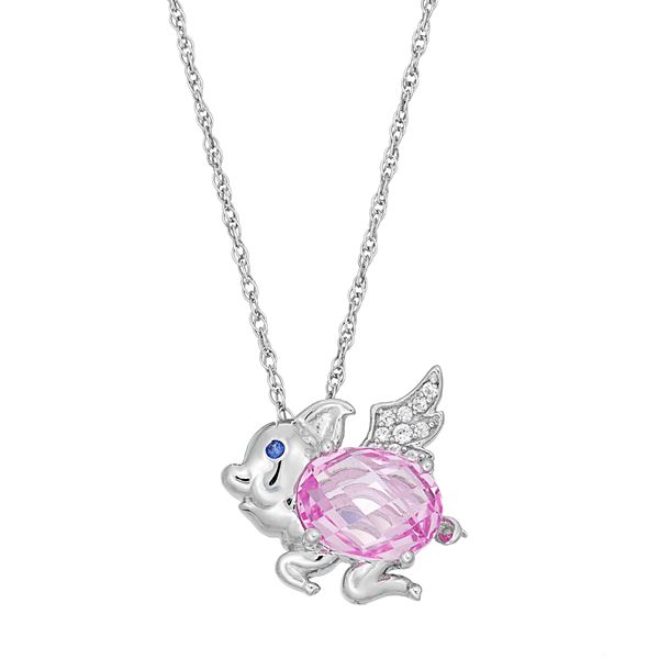 Sterling Silver Lab-Created Pink, White & Blue Sapphire Flying Pig Pendant