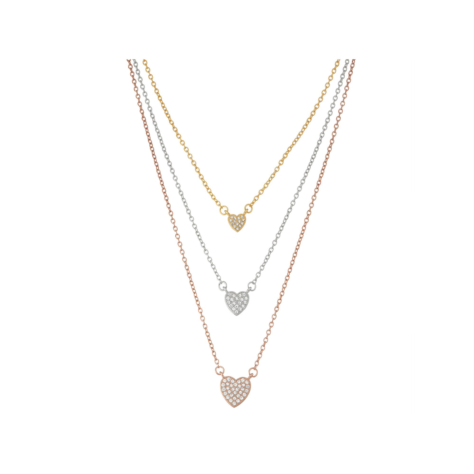 Tri-Tone Sterling Silver Cubic Zirconia Heart Layered Necklace, Womens, S