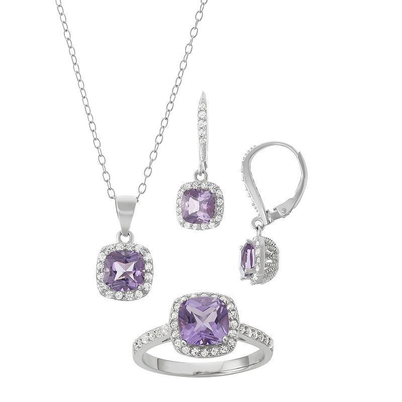 Sterling Silver Amethyst & Lab-Created White Sapphire Halo Jewelry Set, Women's, Size: 7