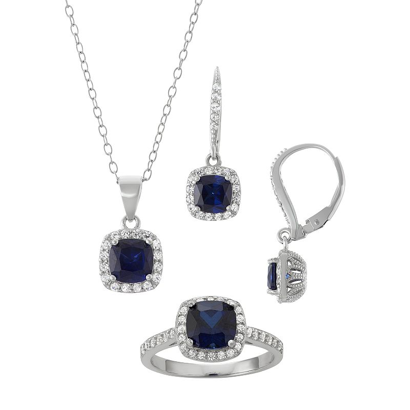 Sterling Silver Lab-Created Blue & White Sapphire Halo Jewelry Set, Women's, Size: 7