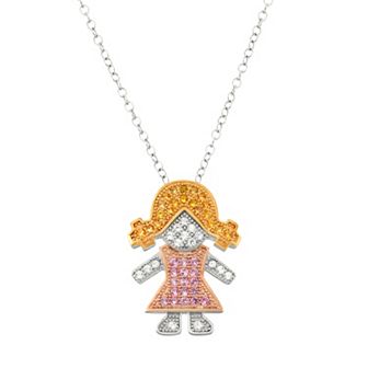 Tri-Tone Sterling Silver Lab-Created Sapphire Girl Pendant Necklace