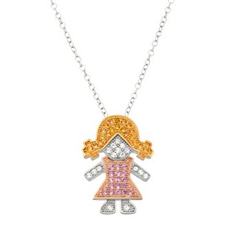 Tri-Tone Sterling Silver Lab-Created Sapphire Girl Pendant Necklace