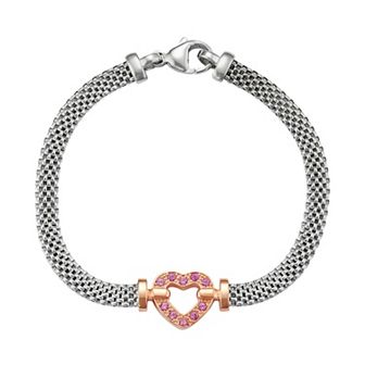 Two Tone Sterling Silver Lab-Created Pink Sapphire Heart Bracelet