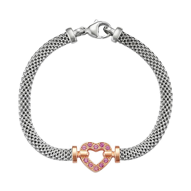 Two Tone Sterling Silver Lab-Created Pink Sapphire Heart Bracelet, Womens