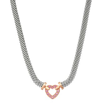 Two Tone Sterling Silver Lab-Created Pink Sapphire Heart Necklace