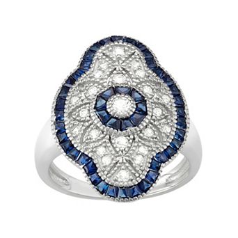 Sterling Silver Lab-Created White & Blue Sapphire Art Deco Ring