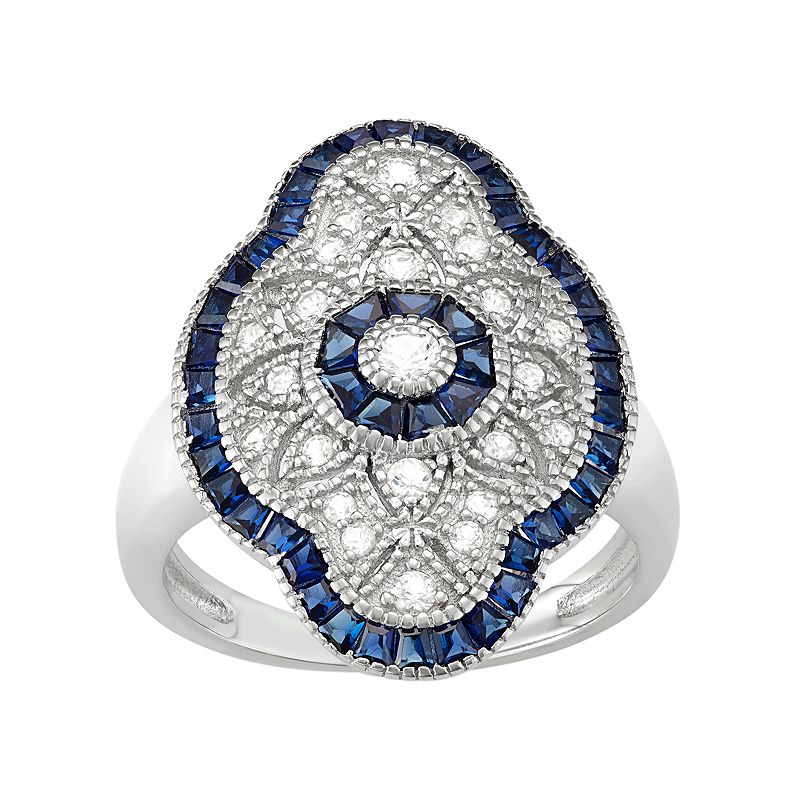 Sterling Silver Lab-Created White & Blue Sapphire Art Deco Ring, Womens, S