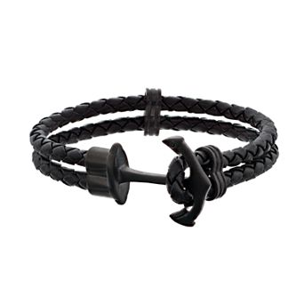 LYNX Men's Braided Black Leather Anchor Bracelet