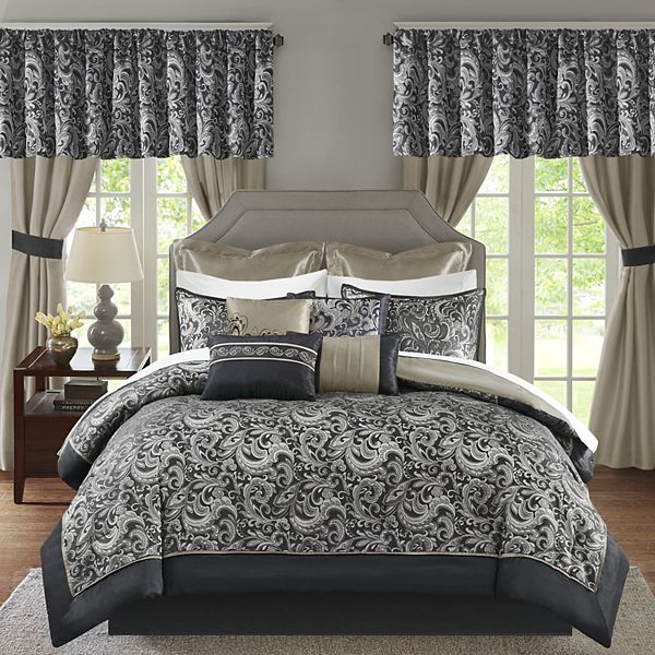 Madison Park 24pc Queen Isabella Room in a Bag Black: Luxury Polyester Faux Silk, Paisley Pattern, Transitional Style