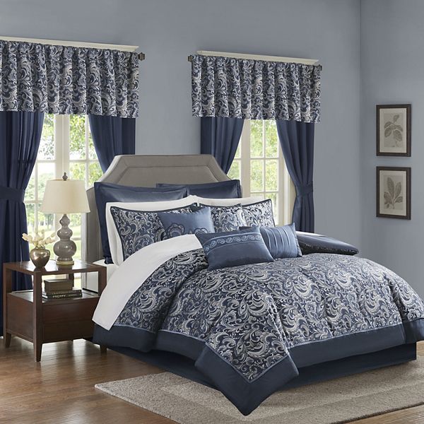 Madison Park Essentials Cadence 24-piece Complete Comforter Set with Sheets and Curtains - Navy (KING)