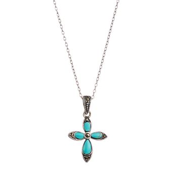 Athra NJ Inc Sterling Silver Simulated Turquoise & Marcasite Cross Pendant Necklace