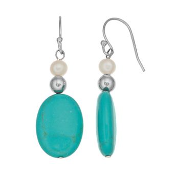 Athra NJ Inc Sterling Silver Simulated Turquoise & Freshwater Cultured Pearl Drop Earrings