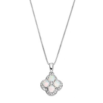 Gemminded Sterling Silver Lab-Created White Opal & White Topaz Flower Pendant Necklace