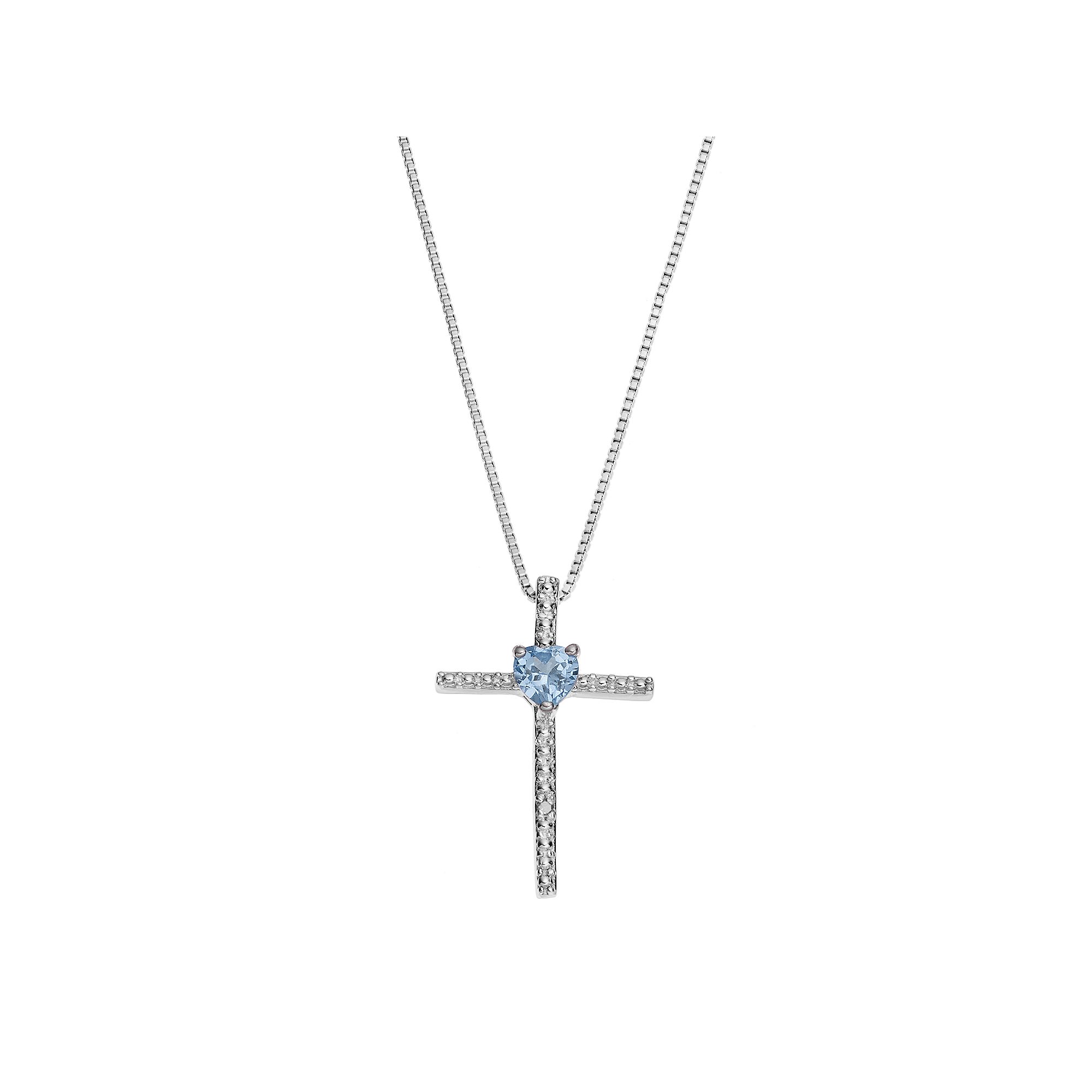 Gemminded Sterling Silver Lab-Created Aquamarine Cross Pendant Necklace, W