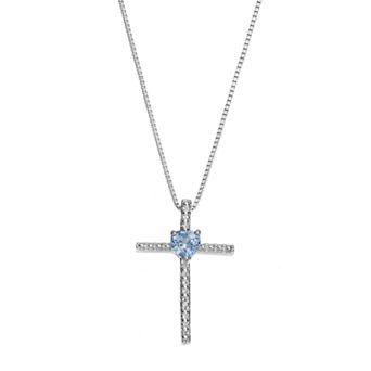 Gemminded Sterling Silver Lab-Created Aquamarine Cross Pendant Necklace