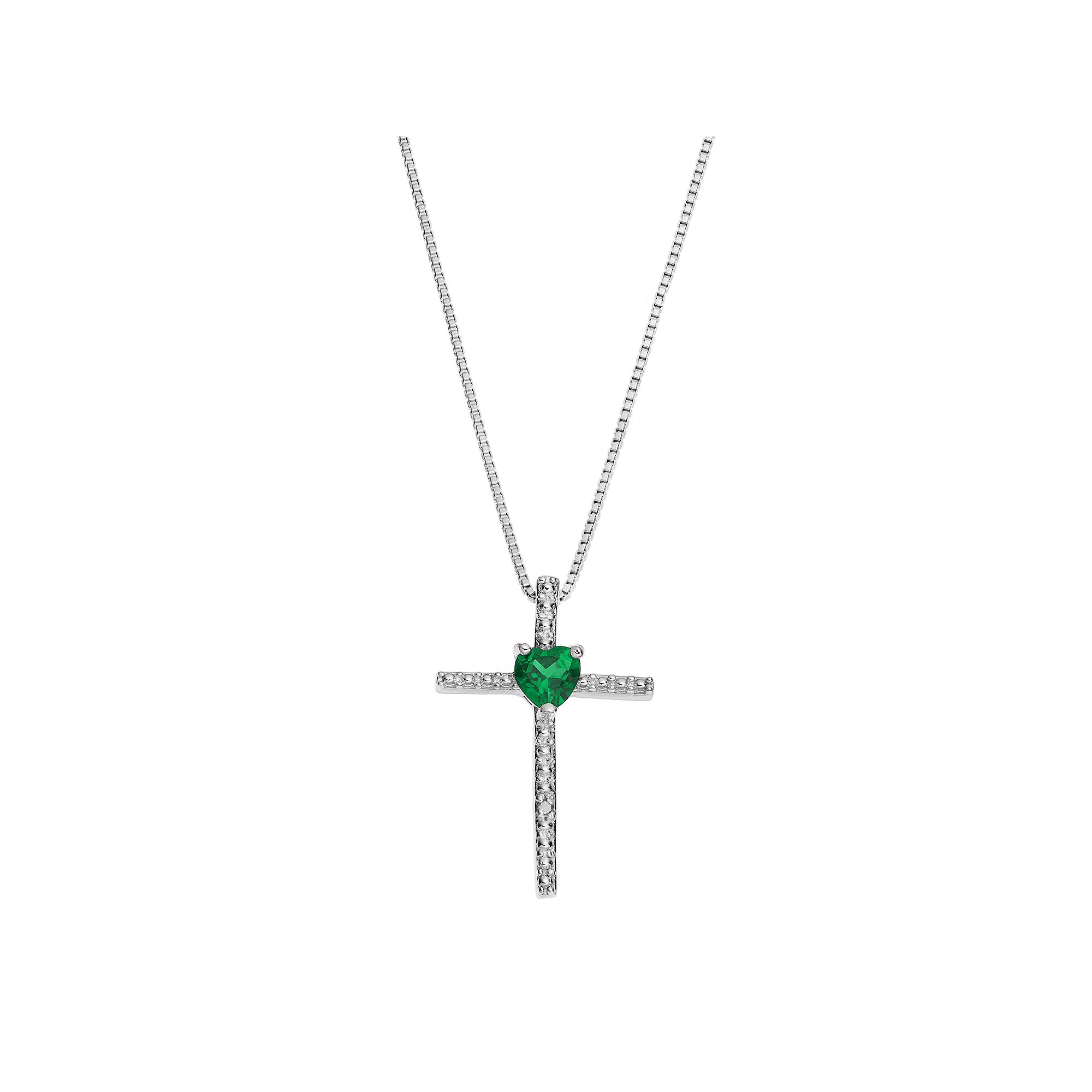 Gemminded Sterling Silver Lab-Created Emerald Cross Pendant Necklace, Wome