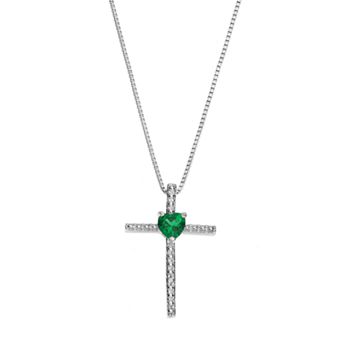 Gemminded Sterling Silver Lab-Created Emerald Cross Pendant Necklace