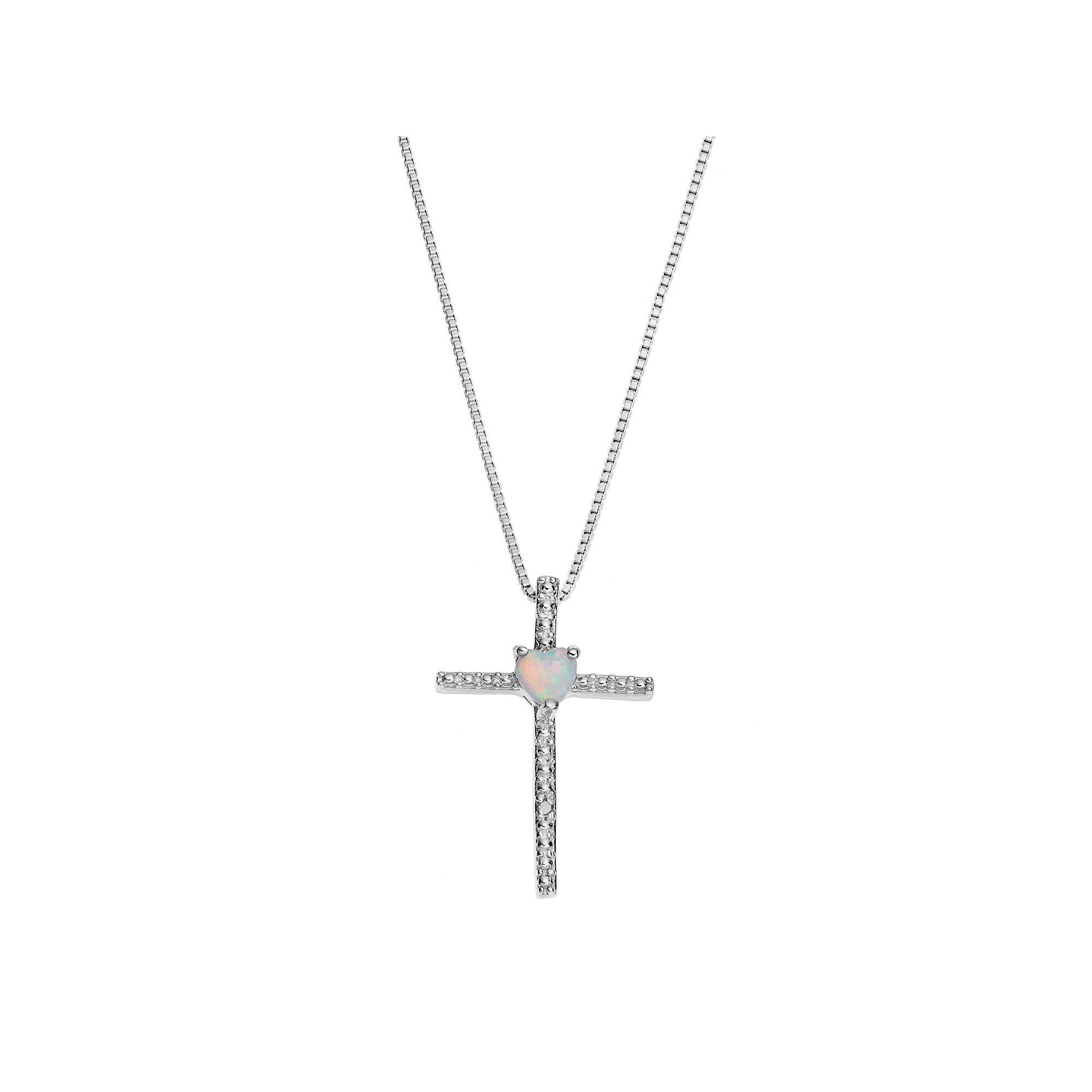 Gemminded Sterling Silver Lab-Created White Opal Cross Pendant Necklace, W