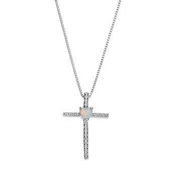 Gemminded Sterling Silver Lab-Created White Opal Cross Pendant Necklace
