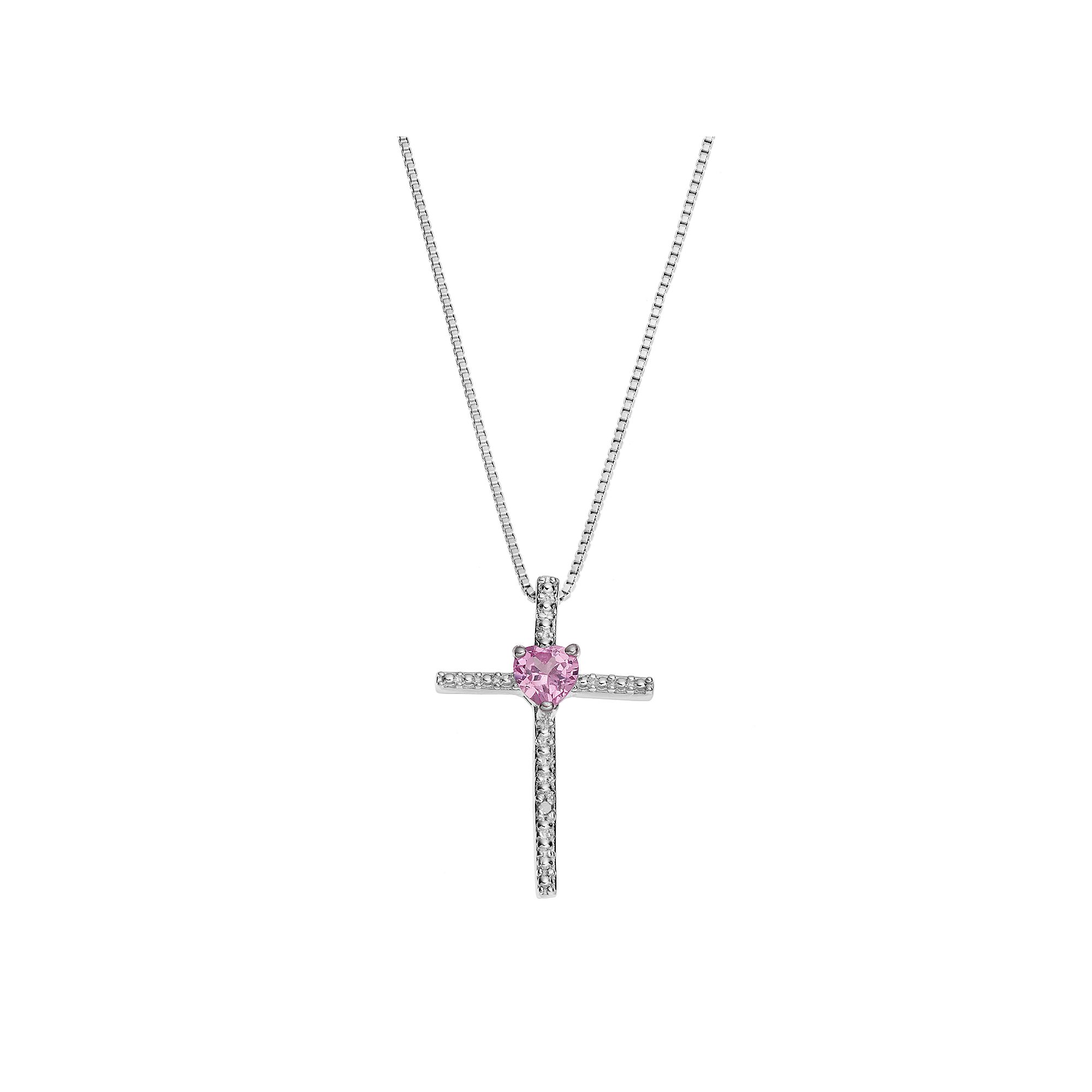 Gemminded Sterling Silver Lab-Created Pink Sapphire Cross Pendant Necklace