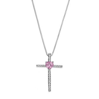 Gemminded Sterling Silver Lab-Created Pink Sapphire Cross Pendant Necklace