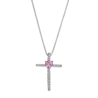 Gemminded Sterling Silver Lab-Created Pink Sapphire Cross Pendant Necklace
