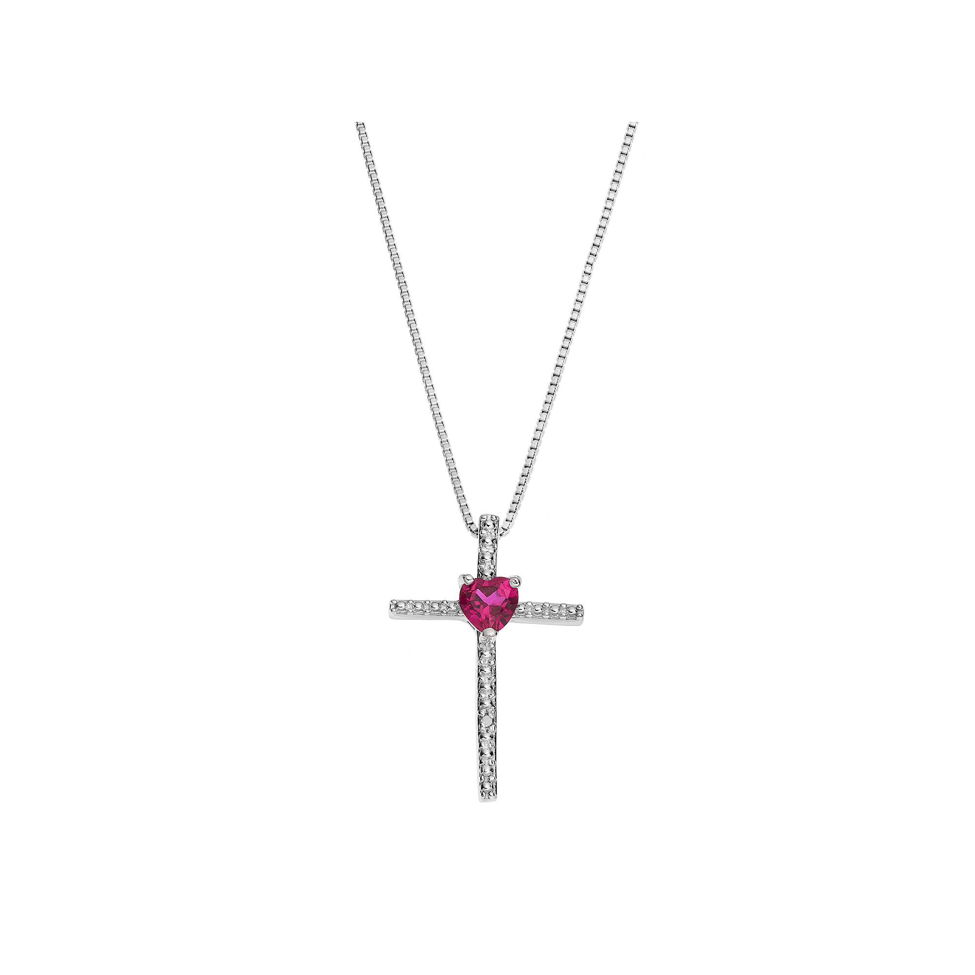 Gemminded Sterling Silver Lab-Created Ruby Cross Pendant Necklace, Womens