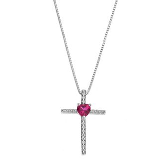 Gemminded Sterling Silver Lab-Created Ruby Cross Pendant Necklace