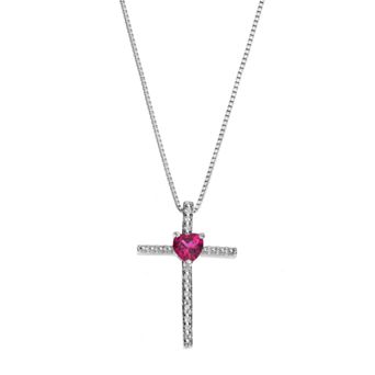 Gemminded Sterling Silver Lab-Created Ruby Cross Pendant Necklace